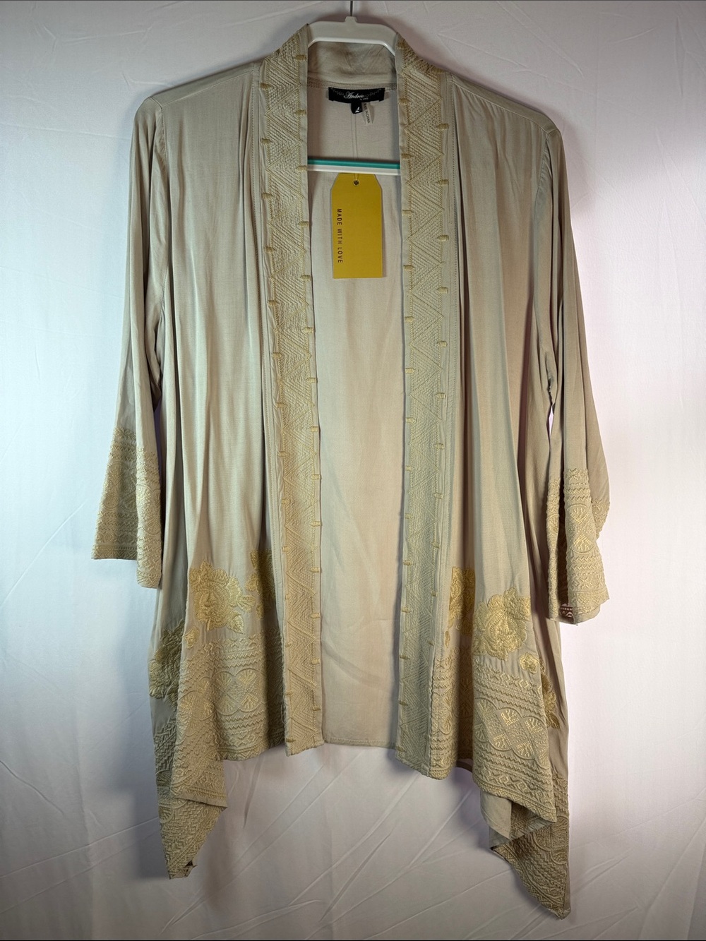 ANDREE BY UNIT Light Beige Embroidered Open-Front Women's Boho Kimono